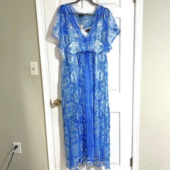 City Chic Maxi Mykonos Dress Size 16 Blue White Floral Chiffon Embellished $115 - Picture 11 of 12